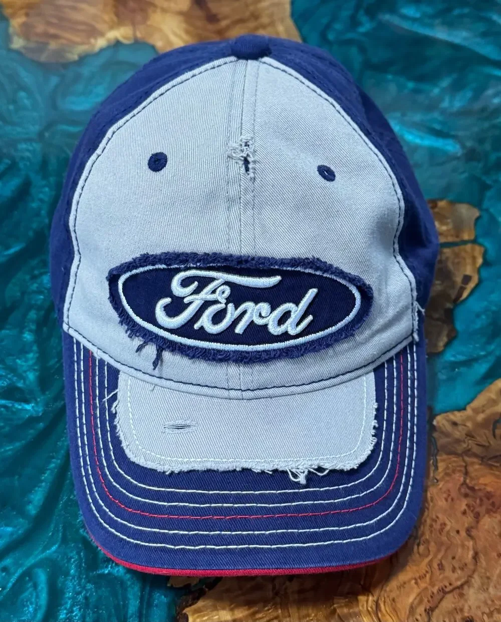Ford Distressed Patch Logo OSFA Snapback Hat Cap Blue Gray Colorway
